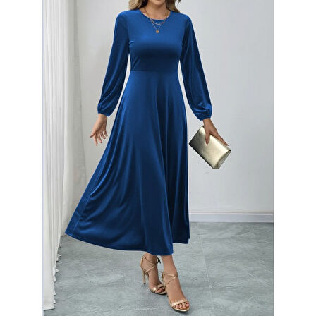 Lucky Life Kadın Uzun Kollu Bisiklet Yaka Midi Kadife Mavi Elbise