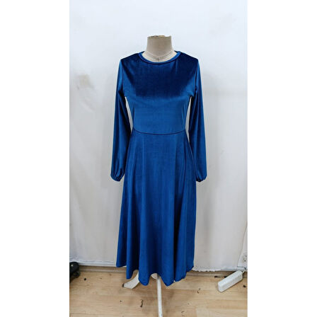 Lucky Life Kadın Uzun Kollu Bisiklet Yaka Midi Kadife Mavi Elbise