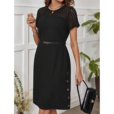 Lucky Life Kadın Kısa Kollu Bisiklet Yaka Dantel Detaylı Düğmeli Modal Elbise