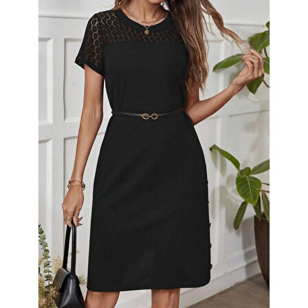 Lucky Life Kadın Kısa Kollu Bisiklet Yaka Dantel Detaylı Düğmeli Modal Elbise