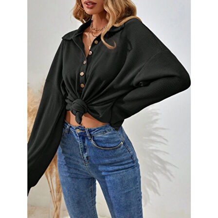 Lucky Life Kadın Uzun Kollu Yakalı Düğmeli Salaş Waffle Bluz