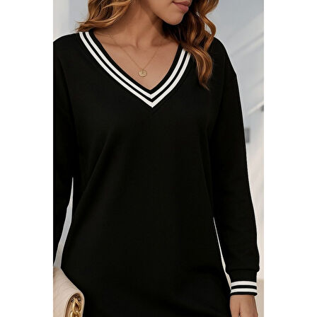 Lucky Life Lucky Life Kadın Uzun Kollu V Yakalı şerit Detaylı Kısa Viskon Iki Iplik Elbise