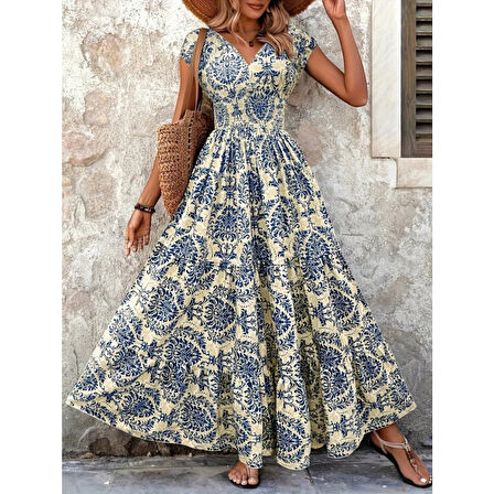 Lucky Life Kadın Kısa Kollu Kruvaze Yaka Beli Lastikli Süprem Maksi Boy Elbise