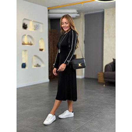 Lucky Life Kadın Uzun Kollu Bisiklet Yaka Midi Modal Elbise