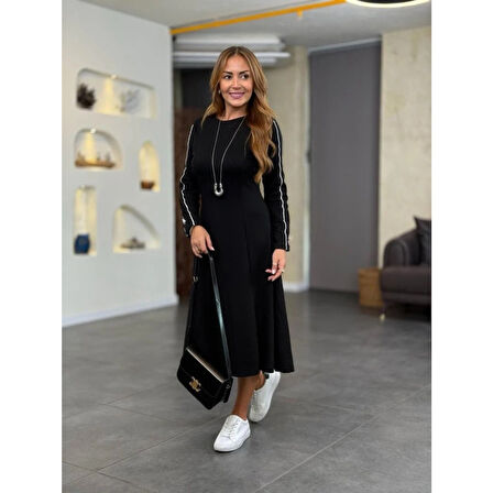 Lucky Life Kadın Uzun Kollu Bisiklet Yaka Midi Modal Elbise