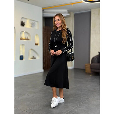 Lucky Life Kadın Uzun Kollu Bisiklet Yaka Midi Modal Elbise