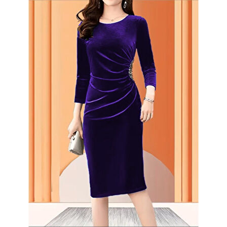 Lucky Life Kadın Uzun Kollu Bot Yaka Yanı Taş Detaylı Midi Kadife Elbise