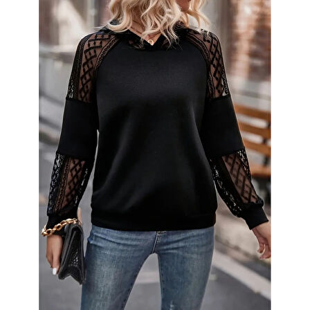 Lucky Life Kadın Uzun Kollu Dantelli Kapşonlu Viskon Iki Iplik Bluz