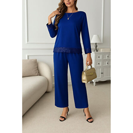 Lucky Life Kadın Uzun Kollu Bisiklet Yaka Pulpayetli Viskon Iki Iplik Bluz Ve Pantolon Ikili Takım