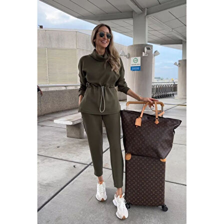 Lucky Life Kadın Uzun Kollu Balıkçı Yaka Belden Lastikli Modal Bluz Ve Pantolon Ikili Takım