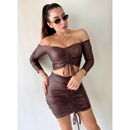 Lucky Life Kadın Büzgülü Deri Etek Takım Fırsat Ürün