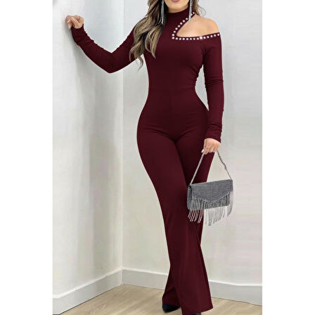 Lucky Life Kadın Tek Omuzdan Açık Balıkçı Yaka Taş Detaylı Uzun Ithal Krep Tulum