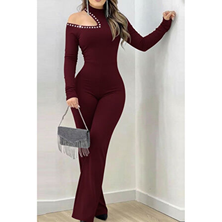 Lucky Life Kadın Tek Omuzdan Açık Balıkçı Yaka Taş Detaylı Uzun Ithal Krep Tulum