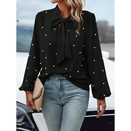 Lucky Life Kadın Uzun Kollu Yakadan Fiyonklu Incili Ithal Krep Bluz