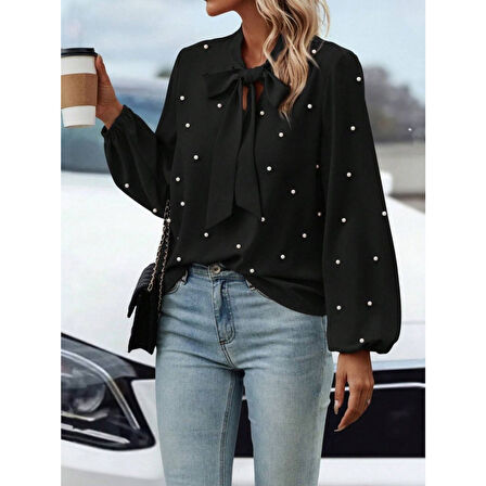 Lucky Life Kadın Uzun Kollu Yakadan Fiyonklu Incili Ithal Krep Bluz