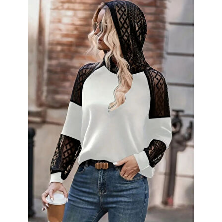 Lucky Life Kadın Uzun Kollu Dantelli Kapşonlu Viskon Iki Iplik Bluz