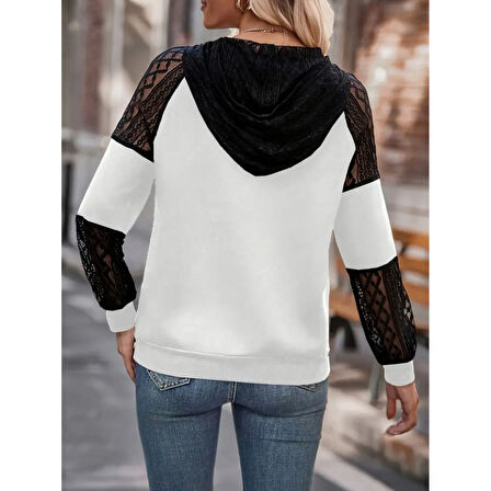 Lucky Life Kadın Uzun Kollu Dantelli Kapşonlu Viskon Iki Iplik Bluz