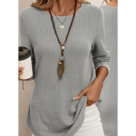 Lucky Life Kadın Uzun Kollu Yuvarlak Yaka Arkadan Düğmeli Waffle Bluz