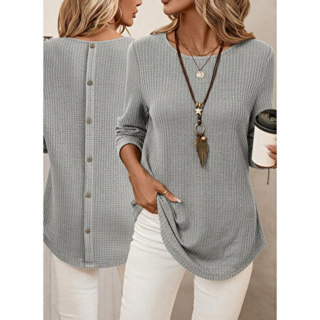 Lucky Life Kadın Uzun Kollu Yuvarlak Yaka Arkadan Düğmeli Waffle Bluz