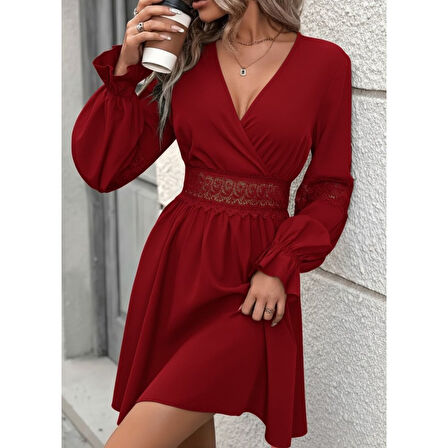 Lucky Life Kadın Uzun Kollu Kruvaze Yakalı Dantelli Fermuar Detaylı Mini Ithal Krep Elbise