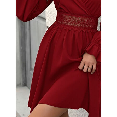 Lucky Life Kadın Uzun Kollu Kruvaze Yakalı Dantelli Fermuar Detaylı Mini Ithal Krep Elbise