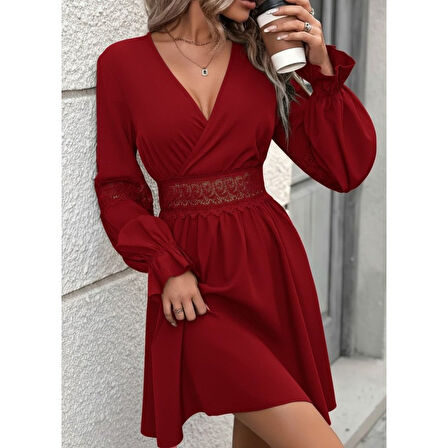 Lucky Life Kadın Uzun Kollu Kruvaze Yakalı Dantelli Fermuar Detaylı Mini Ithal Krep Elbise