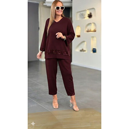 Lucky Life Kadın Uzun Kollu V Yakalı Pulpayet Viskon Iki Iplik Bluz Ve Pantolon Takım