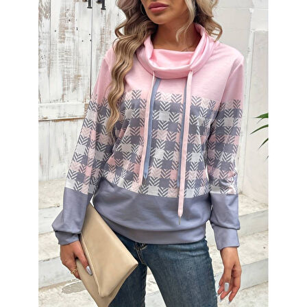 Lucky Life Kadın Uzun Kollu Balıkçı Yaka Bağcıklı Desenli şardonlu Dalgıç Bluz