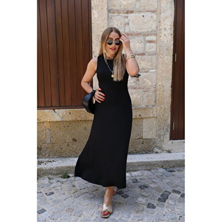 Lucky Life Kadın Kolsuz Sırttan çapraz Ip Detaylı Uzun Viskon Elbise