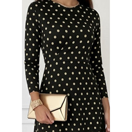 Lucky Life Kadın Uzun Kollu Bisiklet Yaka Puantiyeli örme Krep Midi Elbise