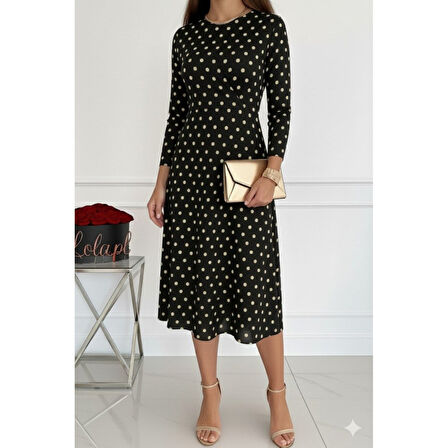 Lucky Life Kadın Uzun Kollu Bisiklet Yaka Puantiyeli örme Krep Midi Elbise