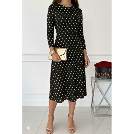 Lucky Life Kadın Uzun Kollu Bisiklet Yaka Puantiyeli örme Krep Midi Elbise