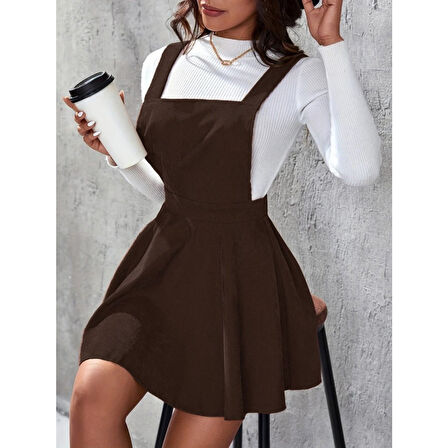 Lucky Life Lucky Life Kadın Askılı Sırttan çapraz Detaylı Kısa Kiloş Kadife Mini Elbise