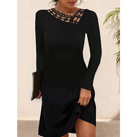 Lucky Life Kadın Uzun Kollu Dantel Yaka Ithal Krep Mini Elbise