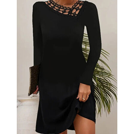 Lucky Life Kadın Uzun Kollu Dantel Yaka Ithal Krep Mini Elbise