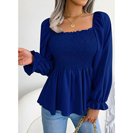 Lucky Life Kadın Uzun Kollu Geometrik Yakalı Gipe Detaylı Krep Bluz