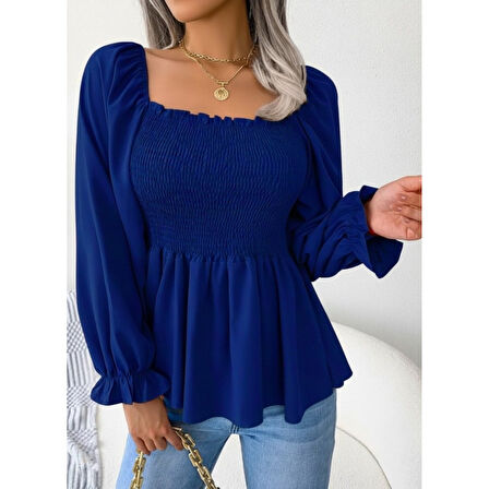 Lucky Life Kadın Uzun Kollu Geometrik Yakalı Gipe Detaylı Krep Bluz