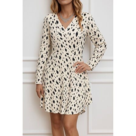 Lucky Life Lucky Life Kadın Uzun Kollu V Yakalı Desenli Kısa Keten Elbise