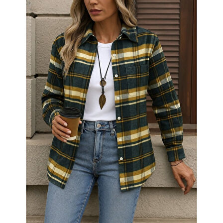 Lucky Life Kadın Uzun Kollu Kare Desenli önden Düğmeli Dokuma Gömlek