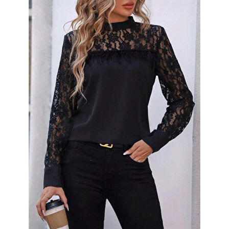 Lucky Life Kadın Uzun Kollu Yarı Balıkçı Yaka Dantelli Sandy Bluz