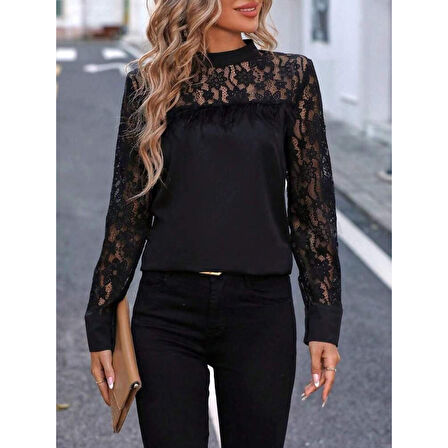 Lucky Life Kadın Uzun Kollu Yarı Balıkçı Yaka Dantelli Sandy Bluz