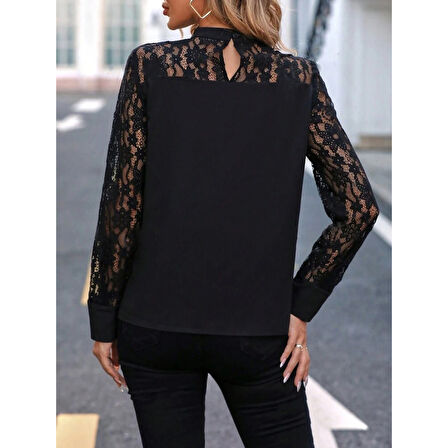 Lucky Life Kadın Uzun Kollu Yarı Balıkçı Yaka Dantelli Sandy Bluz