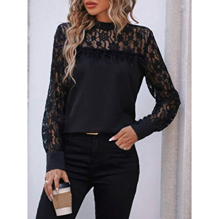 Lucky Life Kadın Uzun Kollu Yarı Balıkçı Yaka Dantelli Sandy Bluz