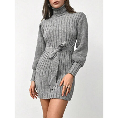 Lucky Life Kadın Uzun Kollu Balıkçı Yaka Beli Kuşaklı Mini Triko Elbise