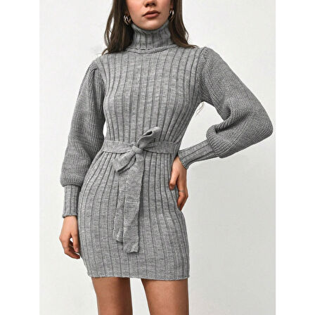 Lucky Life Kadın Uzun Kollu Balıkçı Yaka Beli Kuşaklı Mini Triko Elbise