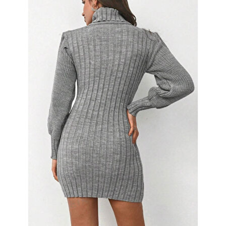 Lucky Life Kadın Uzun Kollu Balıkçı Yaka Beli Kuşaklı Mini Triko Elbise