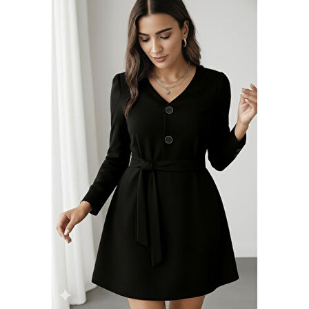 Lucky Life Kadın Uzun Kollu Düğme Detaylı Kendinden Kemerli Ithal Krep Elbise