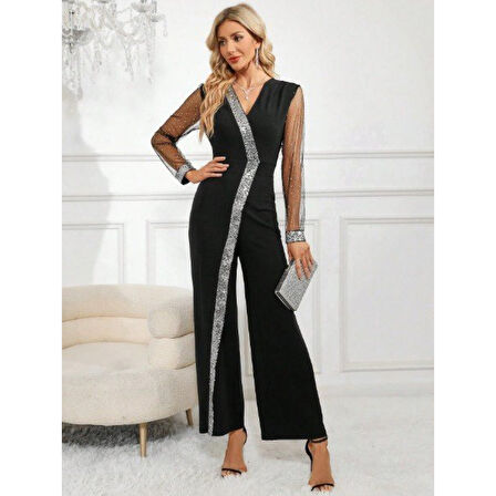 Lucky Life Kadın Uzun V Yakalı önden Pulpayet Detaylı Tüllü Uzun Ithal Krep Tulum