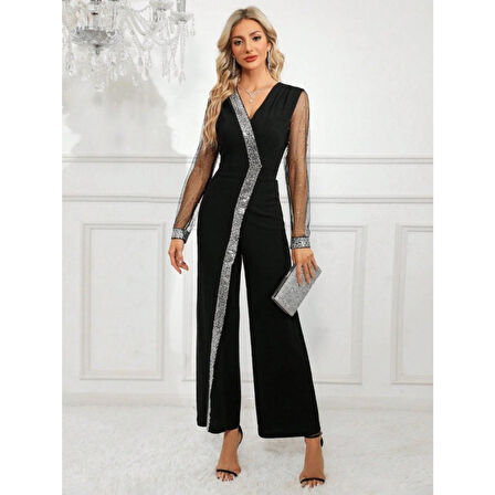 Lucky Life Kadın Uzun V Yakalı önden Pulpayet Detaylı Tüllü Uzun Ithal Krep Tulum