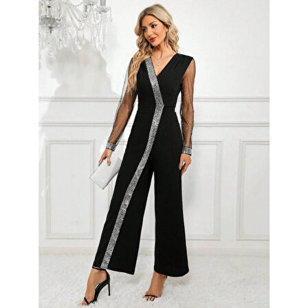 Lucky Life Kadın Uzun V Yakalı önden Pulpayet Detaylı Tüllü Uzun Ithal Krep Tulum